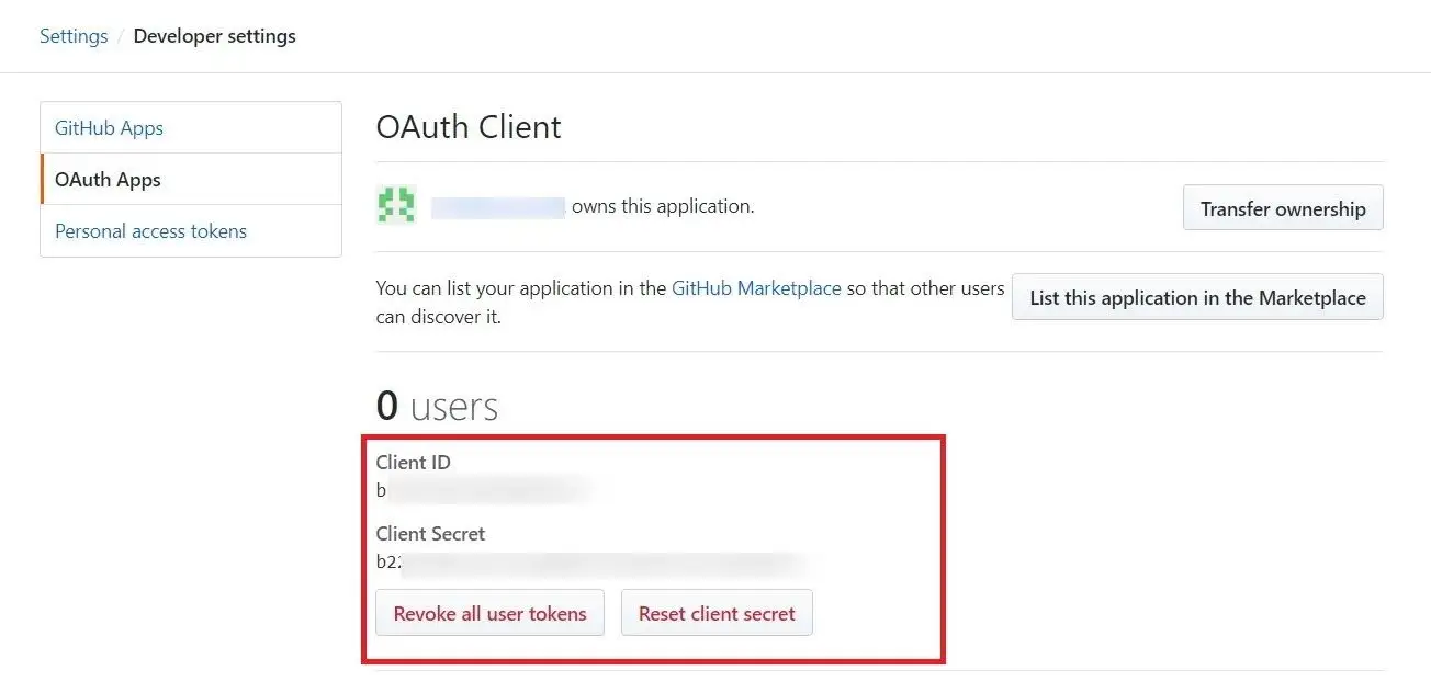 GitHub OAuth client page with Client ID and Client Secret highlighted