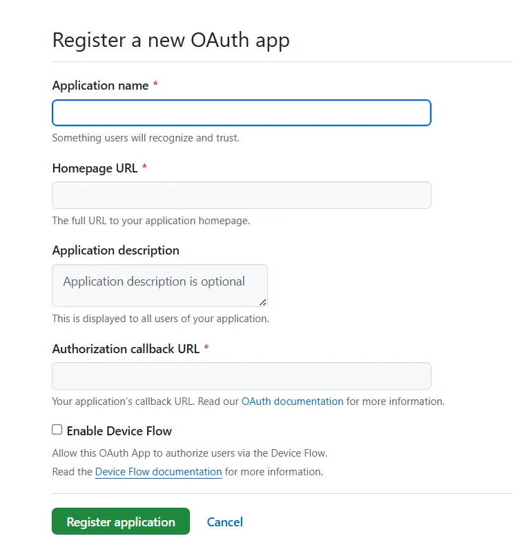 New OAuth App page in the GitHub developer settings