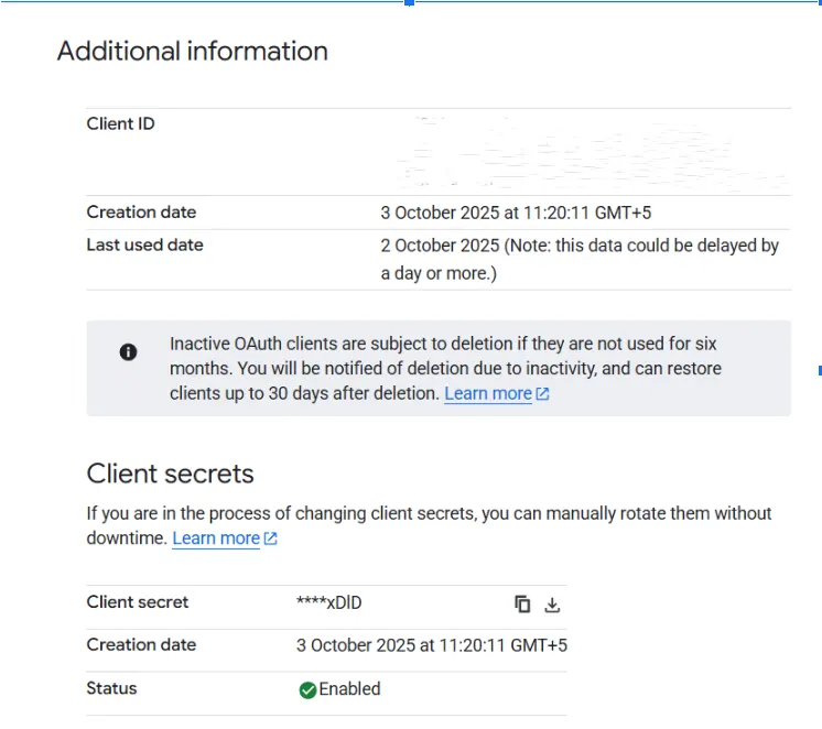 Additional information section in the Google APIs & Services page