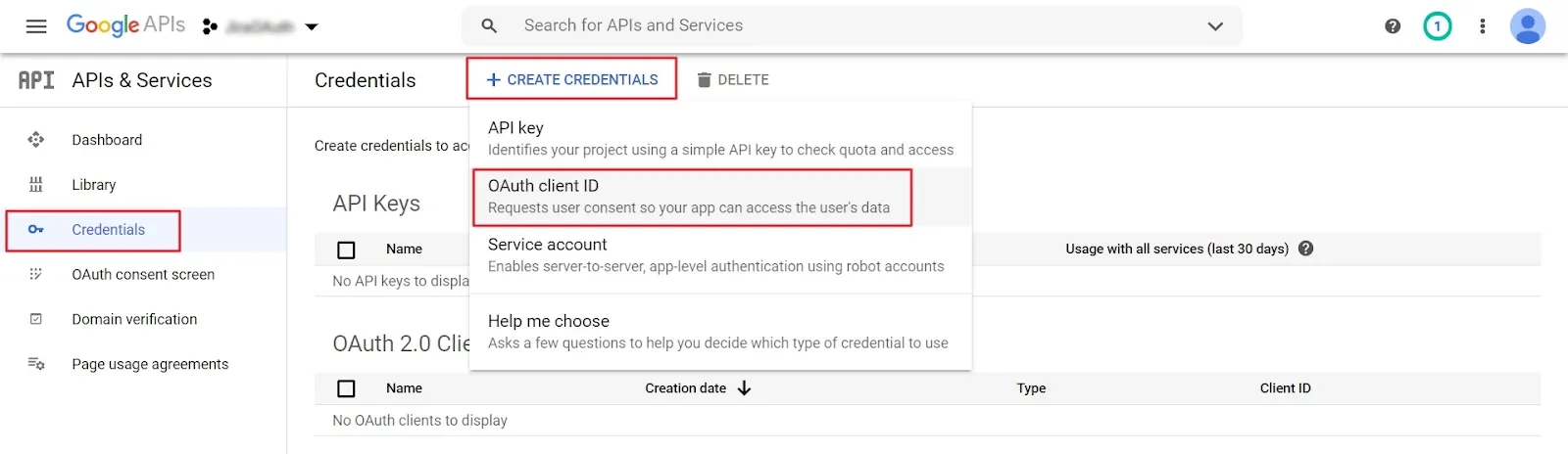 Create credentials for the OAuth client in the Google APIs & Services page