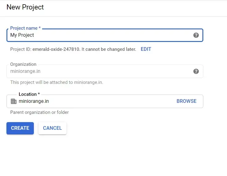 New project name in the Google Developer Console