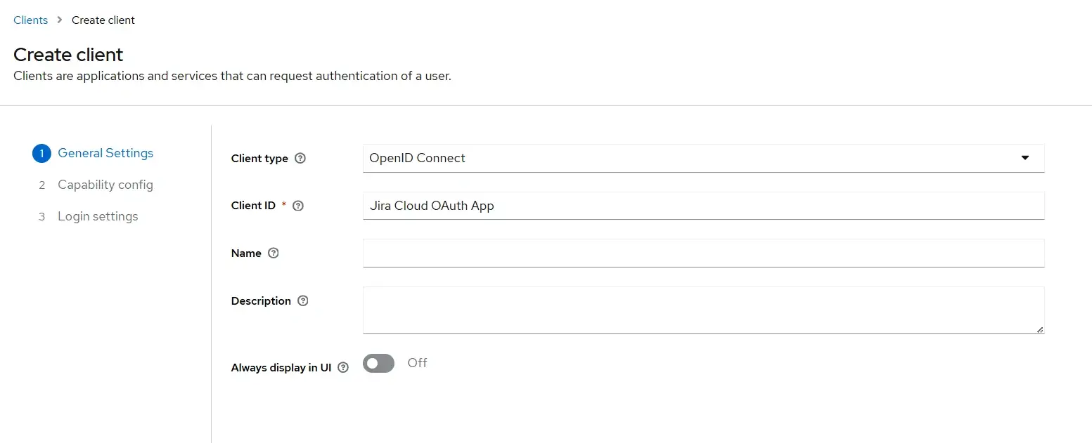 General settings tab in the Keycloak create client page