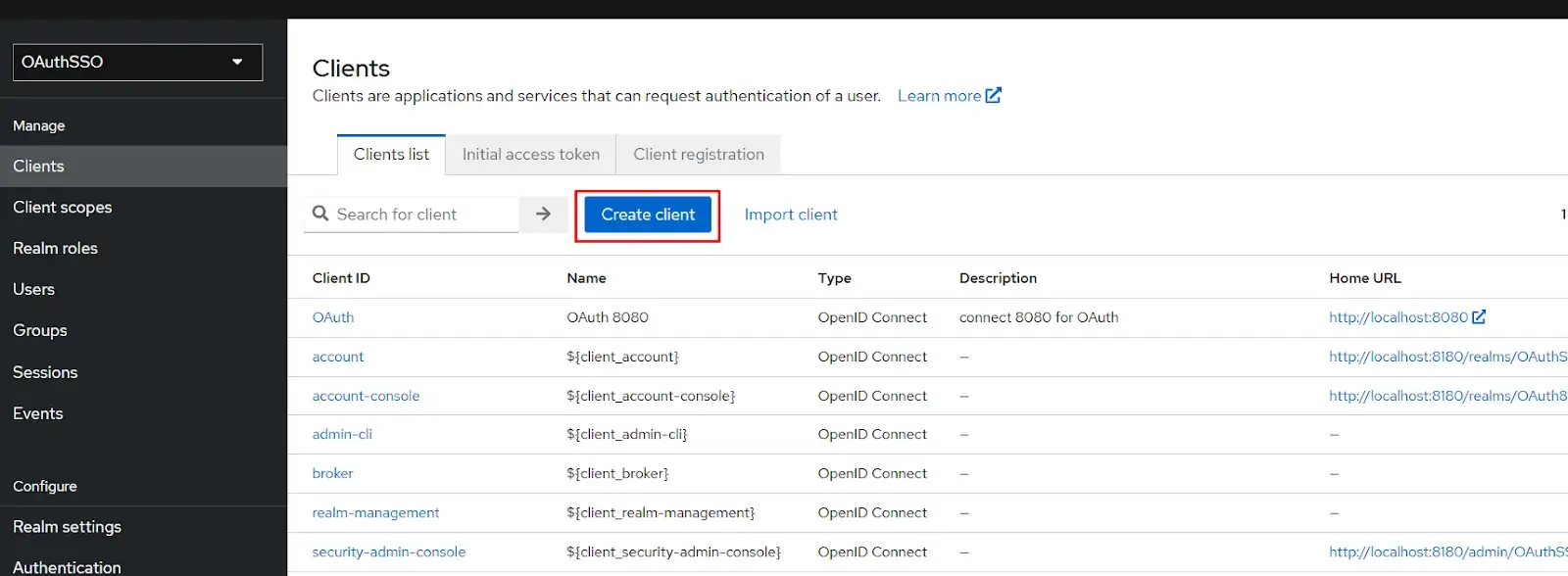 Keycloak dashboard with Clients tab open and Create client button highlighted