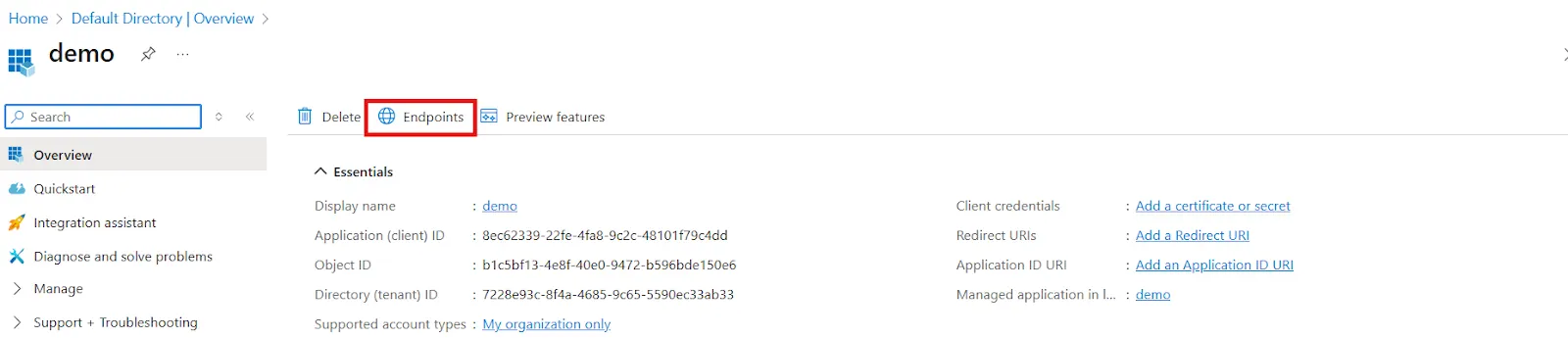 Endpoints tab in the Microsoft Entra ID portal