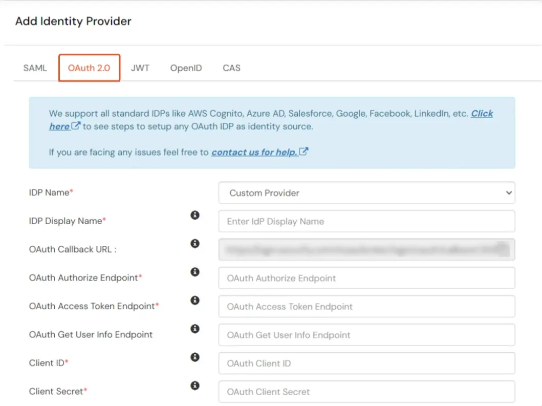 miniOrange add new IDP page with OAuth tab selected