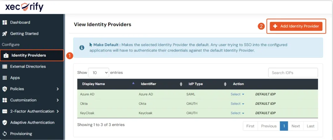 miniOrange Identity Provider section with Add New IDP button highlighted