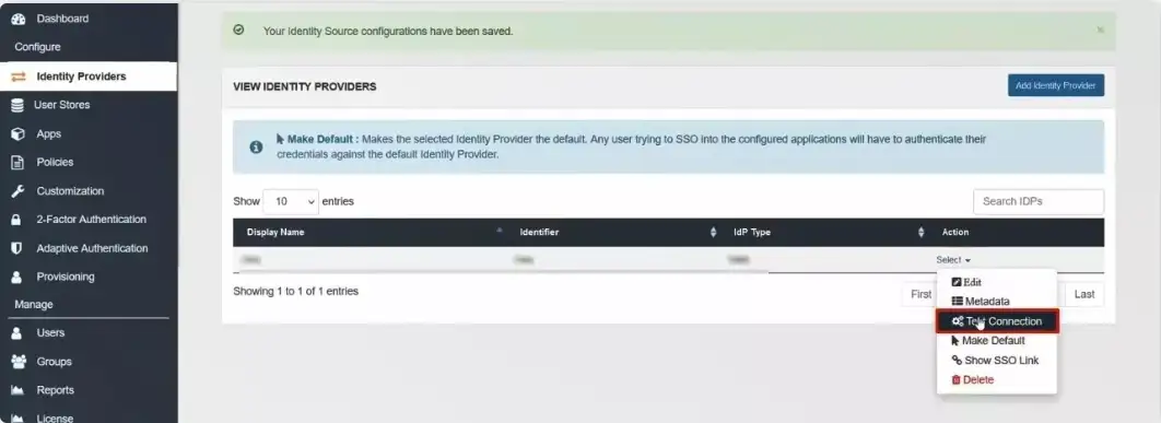 miniOrange view IDPs test connection page with Test Connection button highlighted