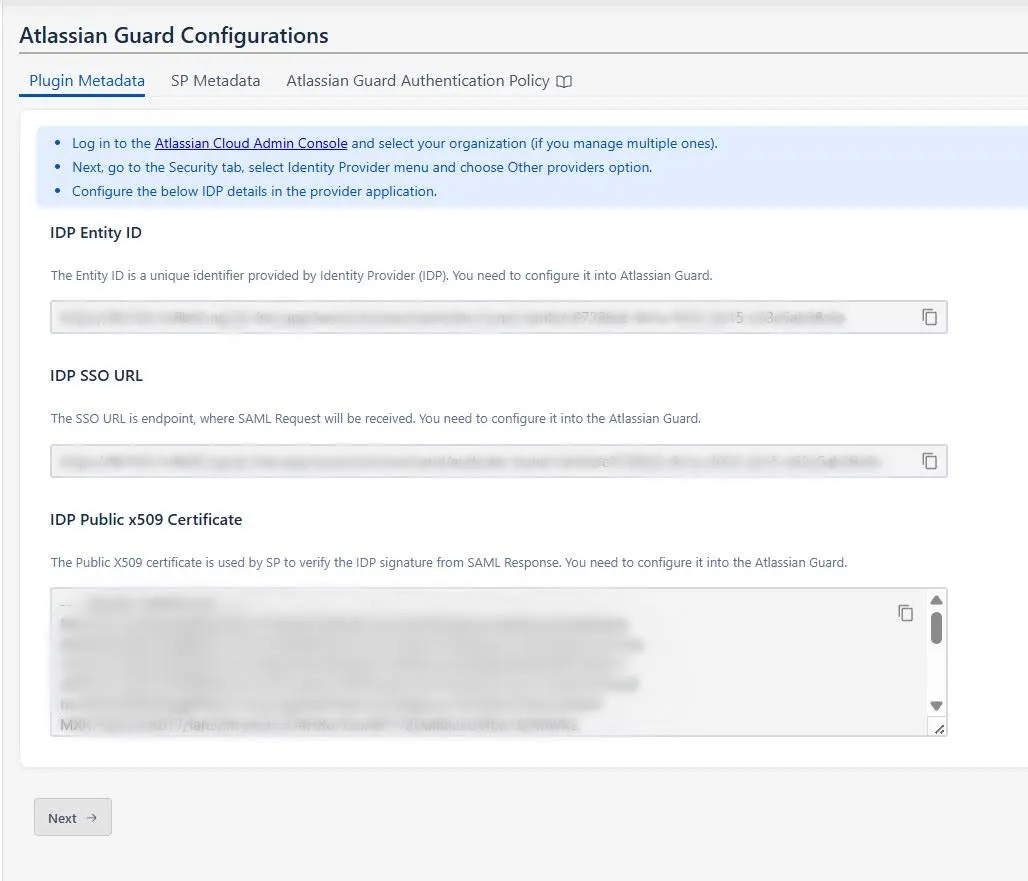 Atlassian Guard configurations page where Plugin Metadata details can be found