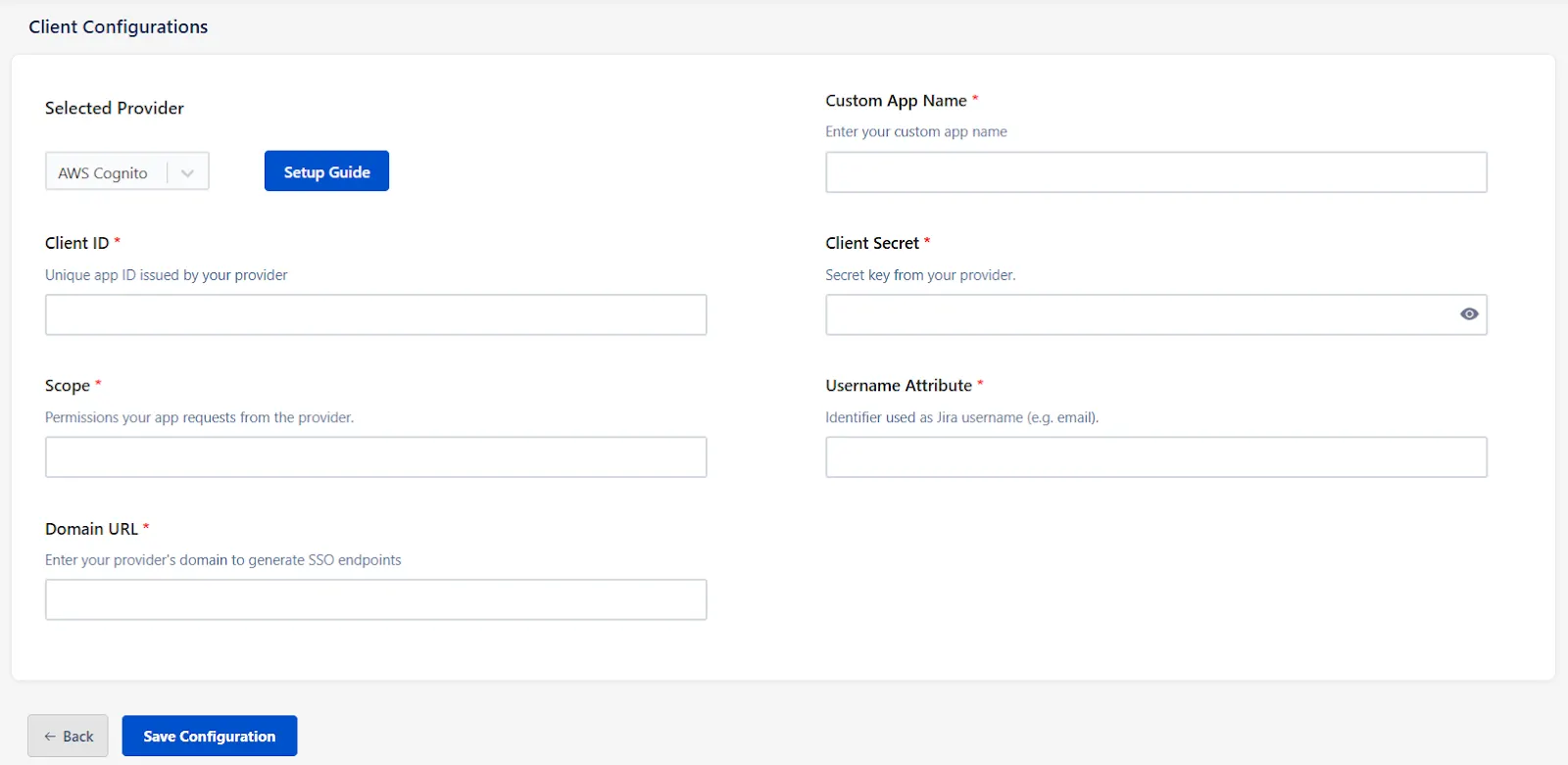 mO Jira OAuth/OIDC SSO app configuration page where Client ID, Client Secret, domain url, and scopes can be entered