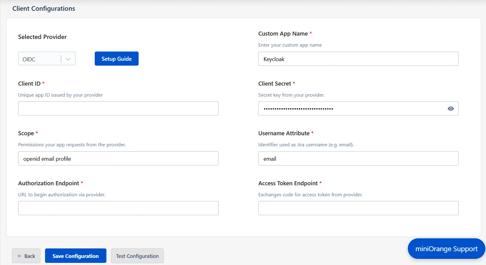 mO Jira OAuth/OIDC SSO app configuration page where Client ID, Client Secret, Scopes, and other required endpoints can be entered