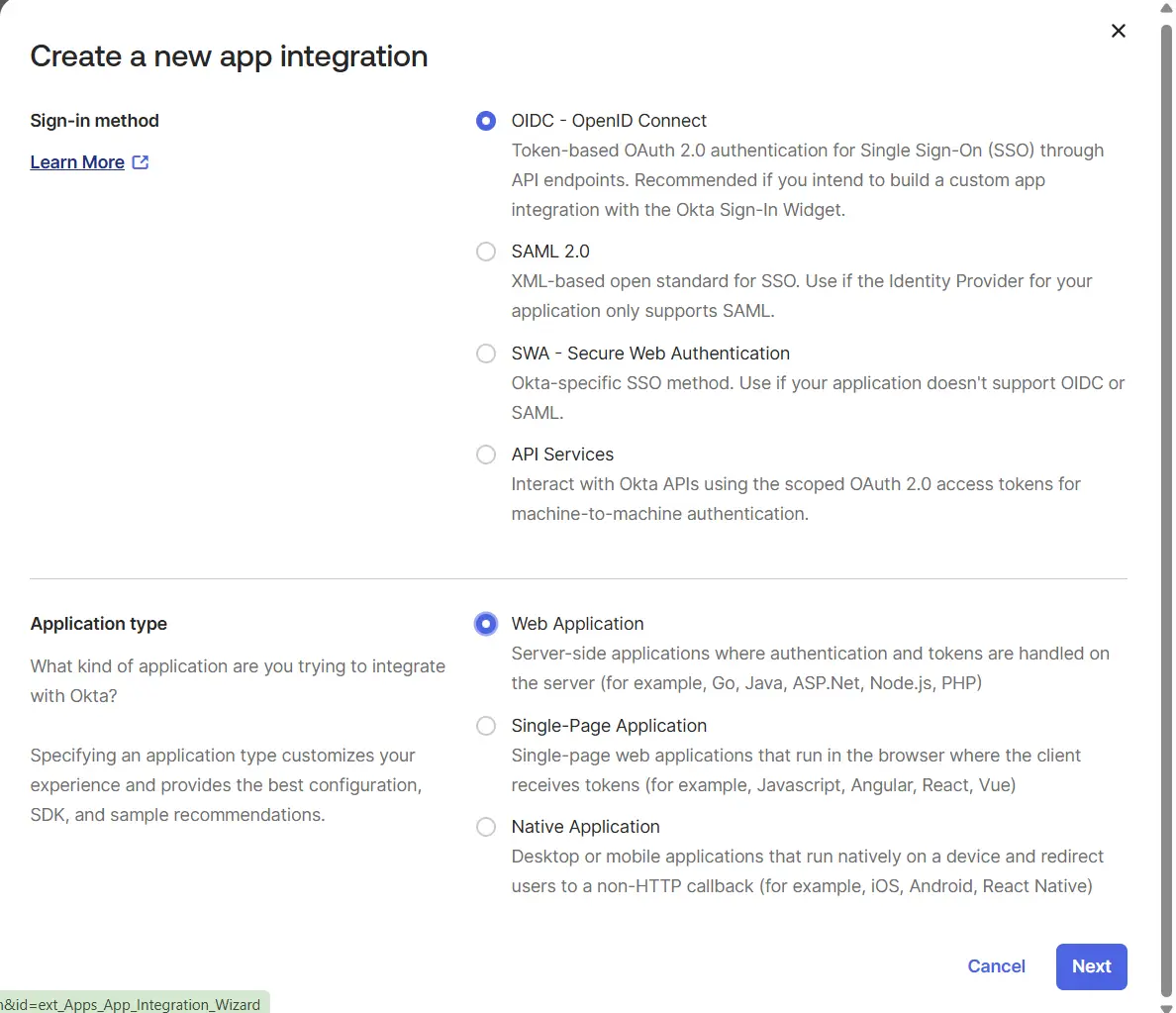 New app integration page in Okta admin dashboard with OIDC - OpenID Connect as a Sign-in method and Web Application as the Application type selected.