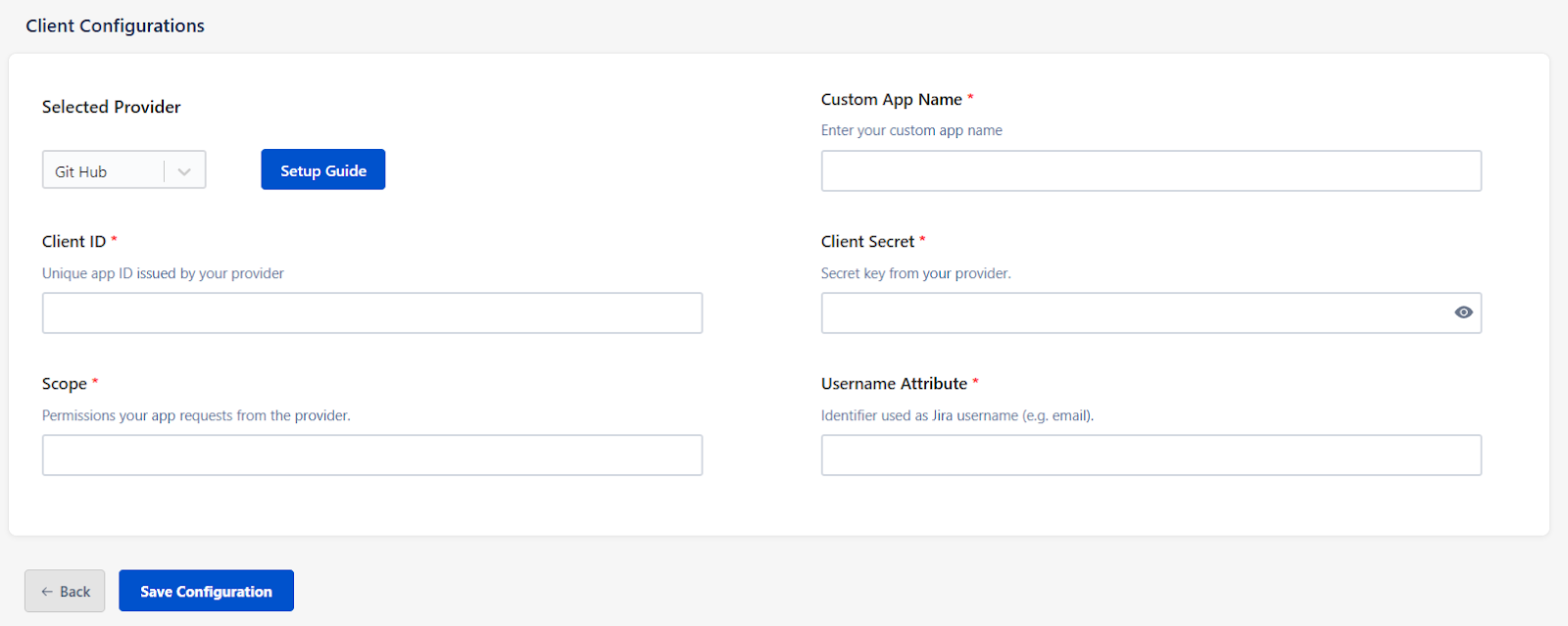 mO Jira OAuth/OIDC SSO app configuration page where Client ID, Client Secret, Scopes can be entered