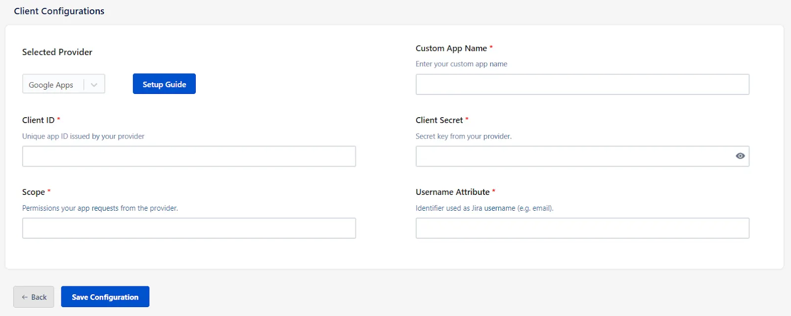 mO Jira OAuth/OIDC SSO app configuration page where Client ID, Client Secret, Scopes, username attribute can be entered