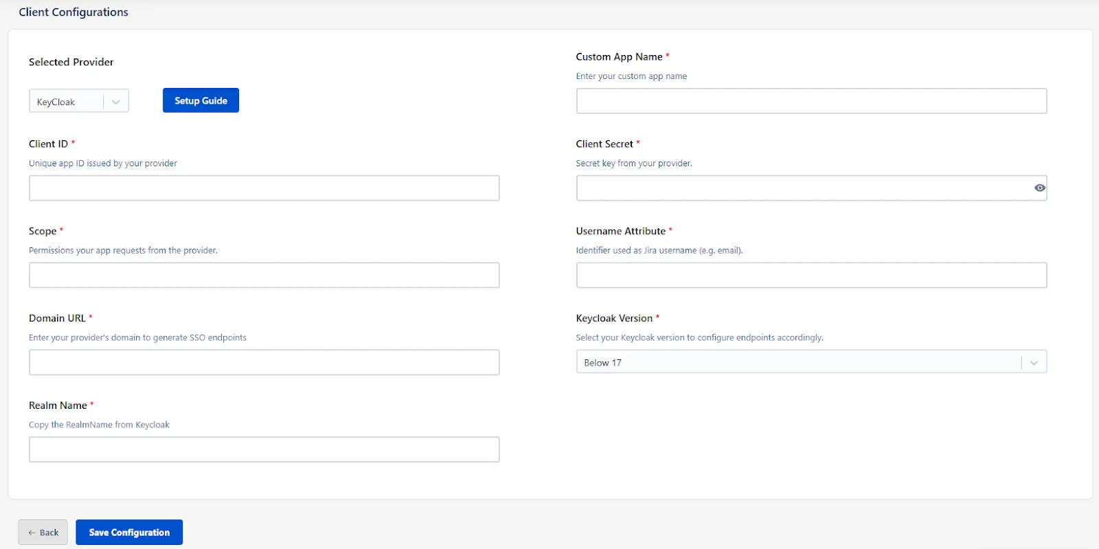 mO Jira OAuth/OIDC SSO app configuration page where Client ID, Client Secret, Realm Name, Domain URL, Keycloak version, and scopes can be entered