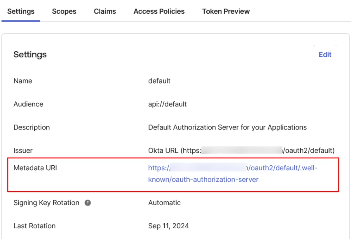 Okta admin dashboard settings page where Metadata URI can be found