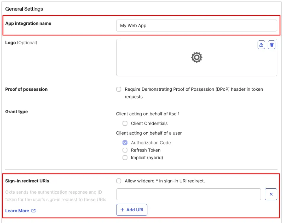 Okta's new app general setting where the user provides the app name and Callback URL