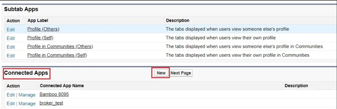 Salesforce connected apps with New button highlighted