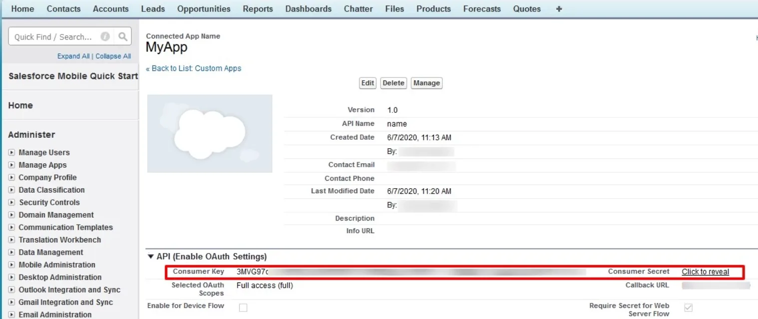 Salesforce custom app details page with Consumer key (Client ID) and Consumer Secret (Client Secret) highlighted