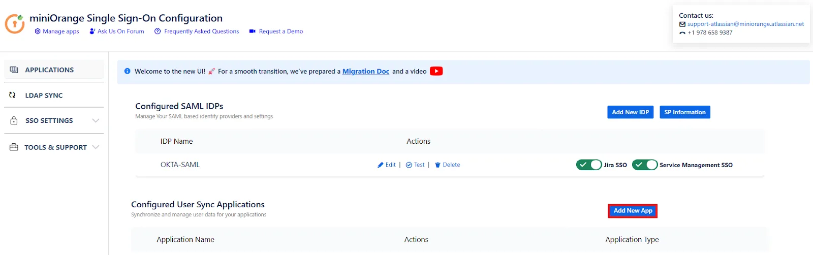 miniOrange SAML + SCIM Bundle app's Applications section with the Add New App button highlighted