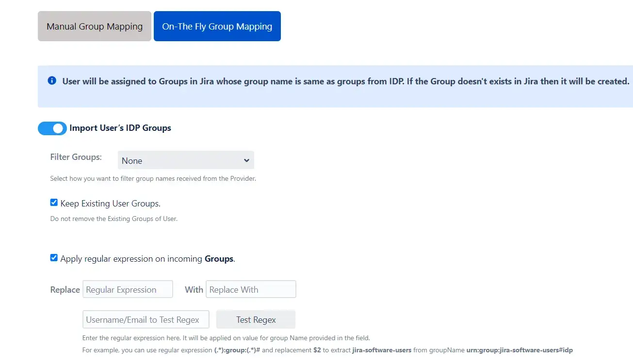 On-The Fly Group Mapping section inside the Group Sync Settings tab of the miniOrange SAML + SCIM Bundle app