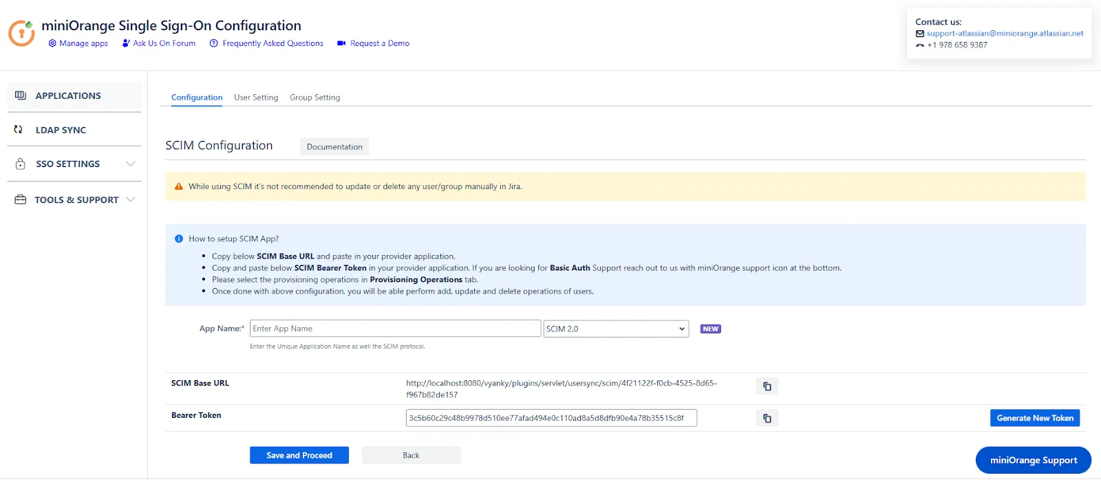 SCIM Configuration tab inside the miniOrange SAML + SCIM Bundle app