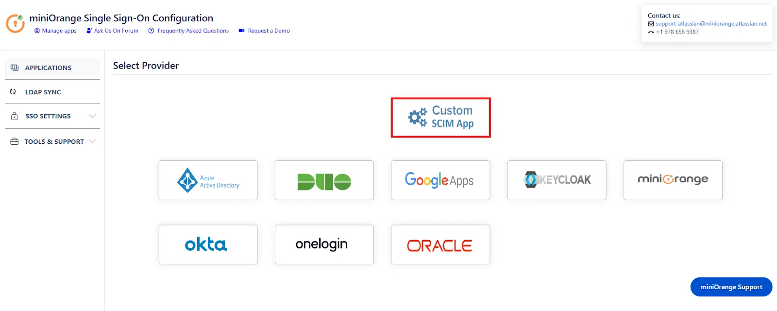 miniOrange SAML + SCIM Bundle app's Select Provider tab with the Custom SCIM App option highlighted