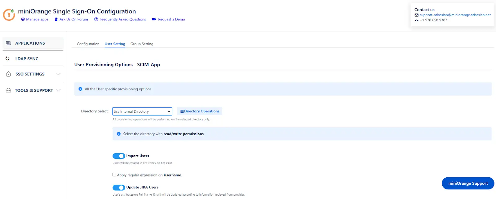 User Settings tab inside the miniOrange SAML + SCIM Bundle app