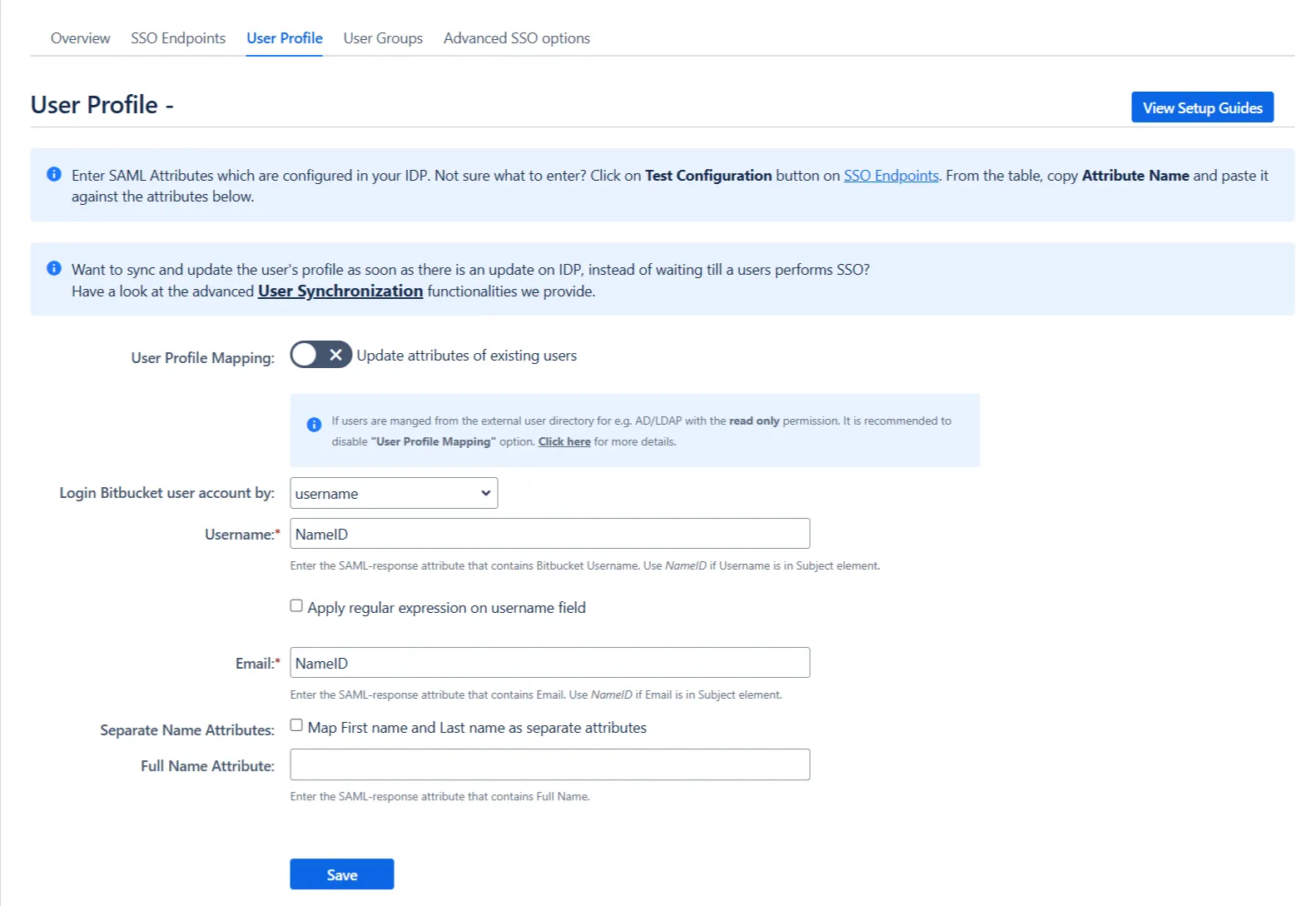 User Profile tab in the Custom Setup page