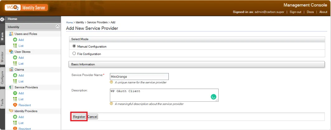 WSO2 add new service provider page with Service Provider Name and Description fields highlighted