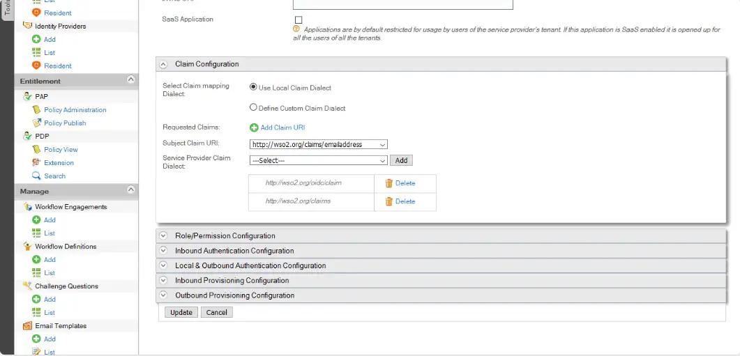 WSO2 claim configuration page with Subject Claim URI and Service Provider Claim Dialect fields highlighted