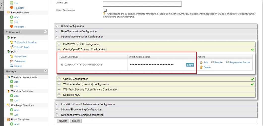 WSO2 OAuth client key and secret page with Client ID and Client Secret fields highlighted