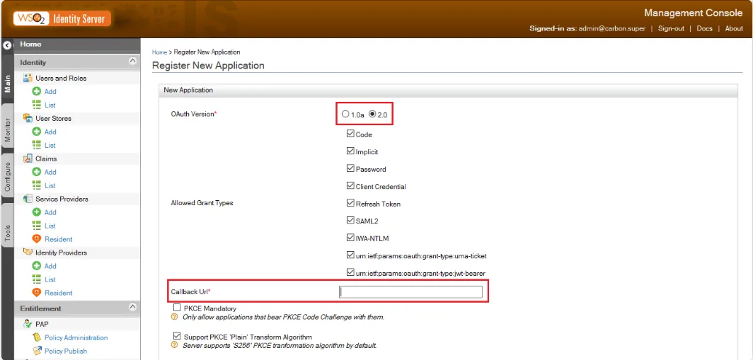 WSO2 register new application page with Callback URL field highlighted