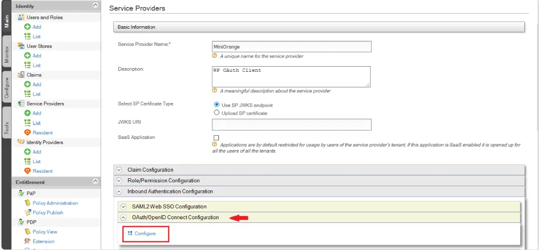 WSO2 service providers configure page with Inbound Authentication Configuration and OAuth/OpenID Connect Configuration buttons highlighted