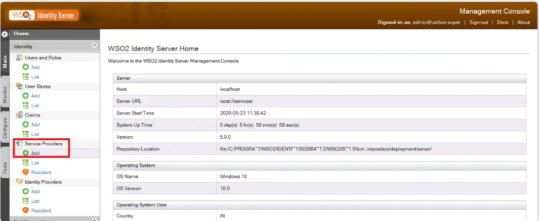WSO2 service providers section with Add button highlighted