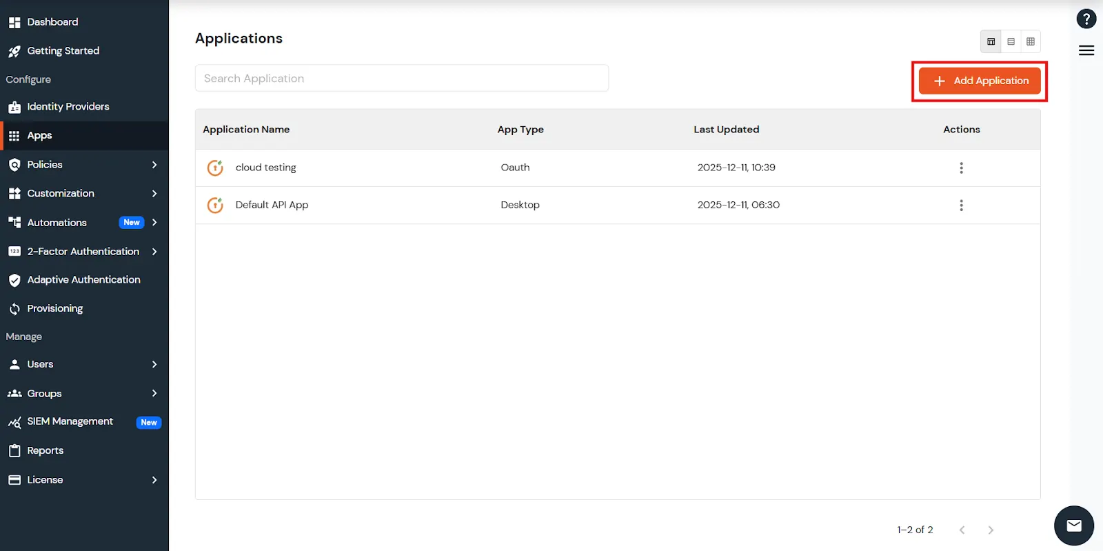 miniOrange provider dashboard with Add Application button highlighted