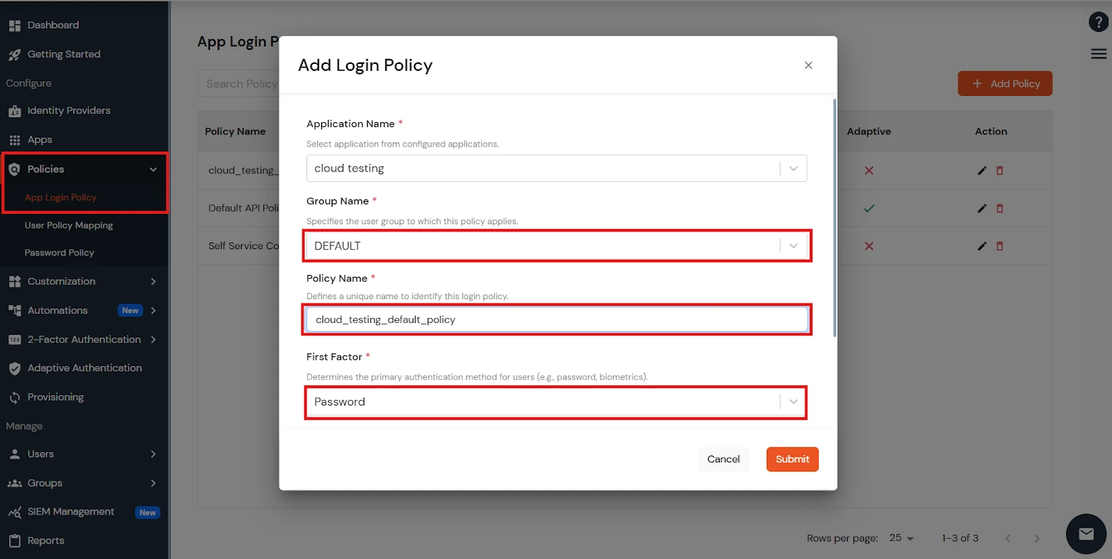 miniOrange provider dashboard with Add Login Policy button highlighted