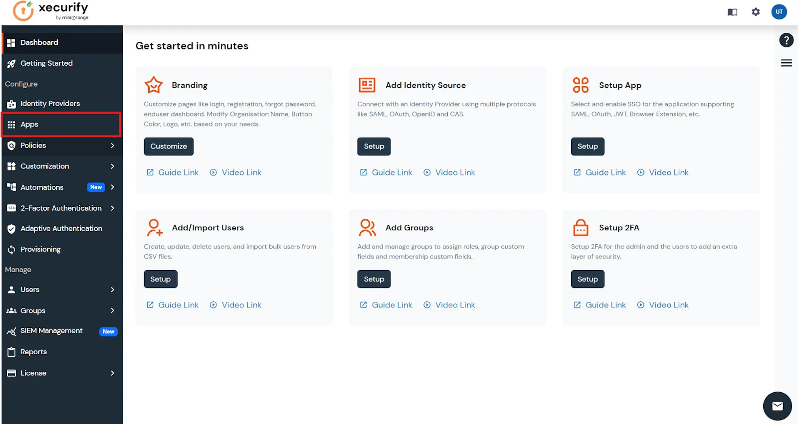 miniOrange provider dashboard with Apps section highlighted
