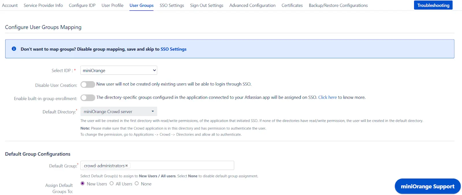 SAML Single Sign On (SSO) into Crowd, Default groups in group mapping