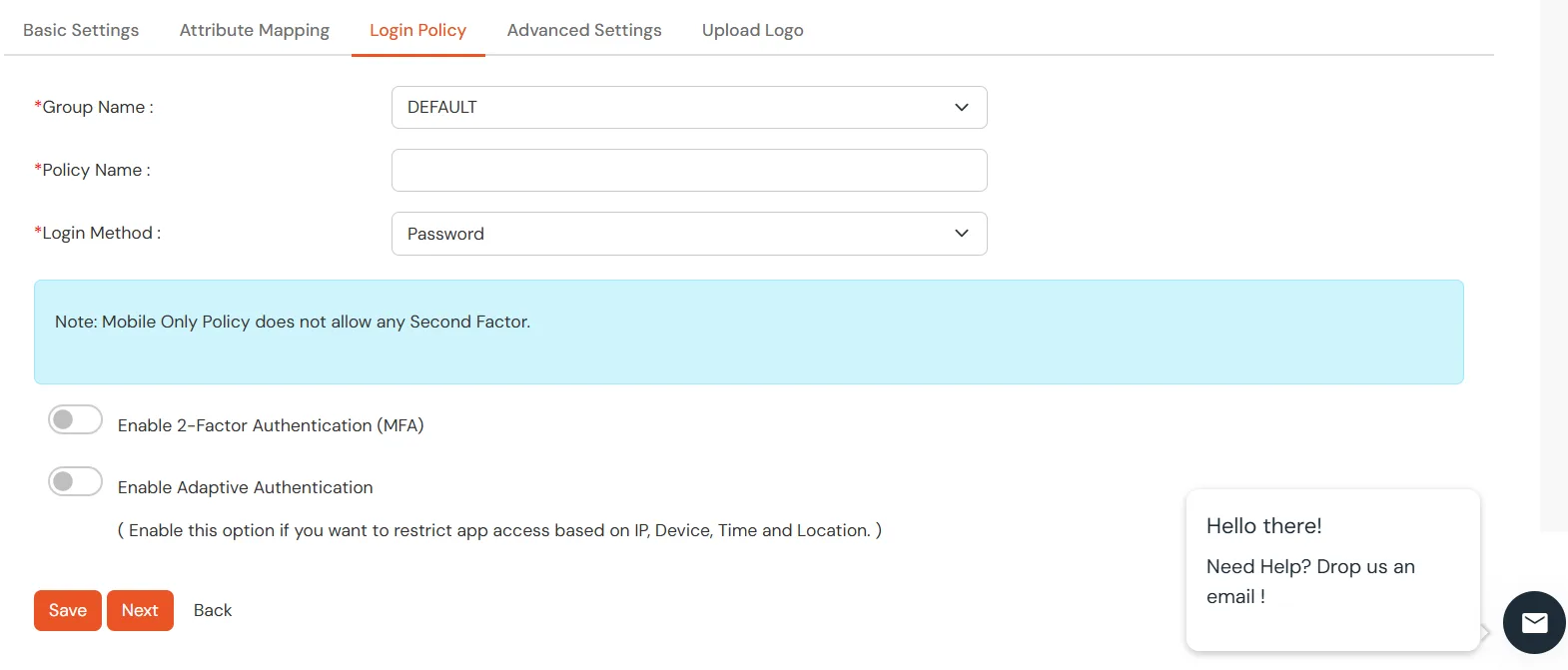 SAML Single Sign On (SSO) using miniOrange Identity Provider, miniorange SSO Login, Add policy for SP application