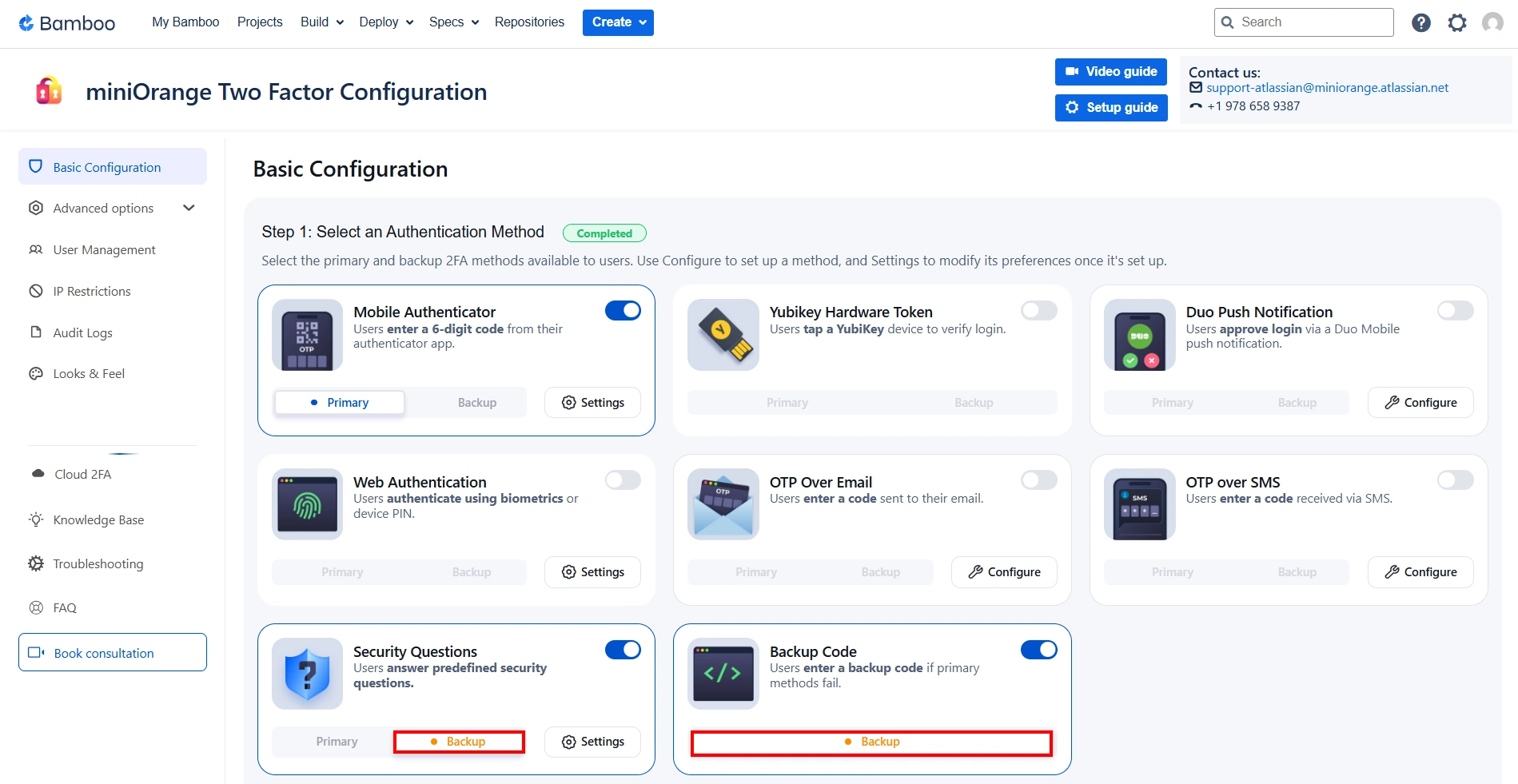 Setup Two Factor (2FA / MFA) 
                Authentication for Bamboo using OTP, KBA, TOTP methods settings