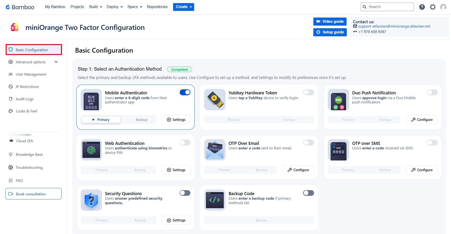 Setup Two Factor (2FA / MFA) 
                Authentication for Bamboo using OTP, KBA, TOTP methods settings