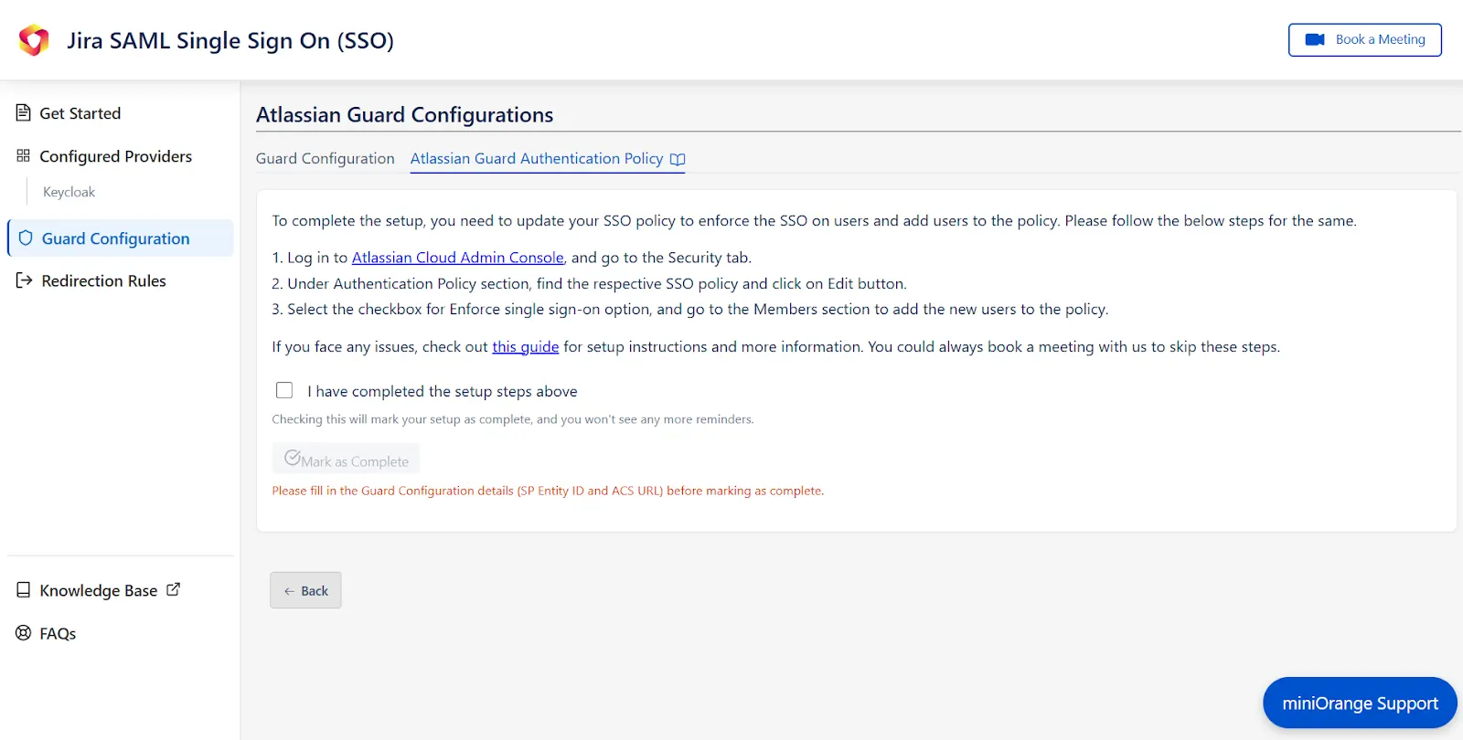 Atlassian Guard configurations page where Authentication Policy tab can be found