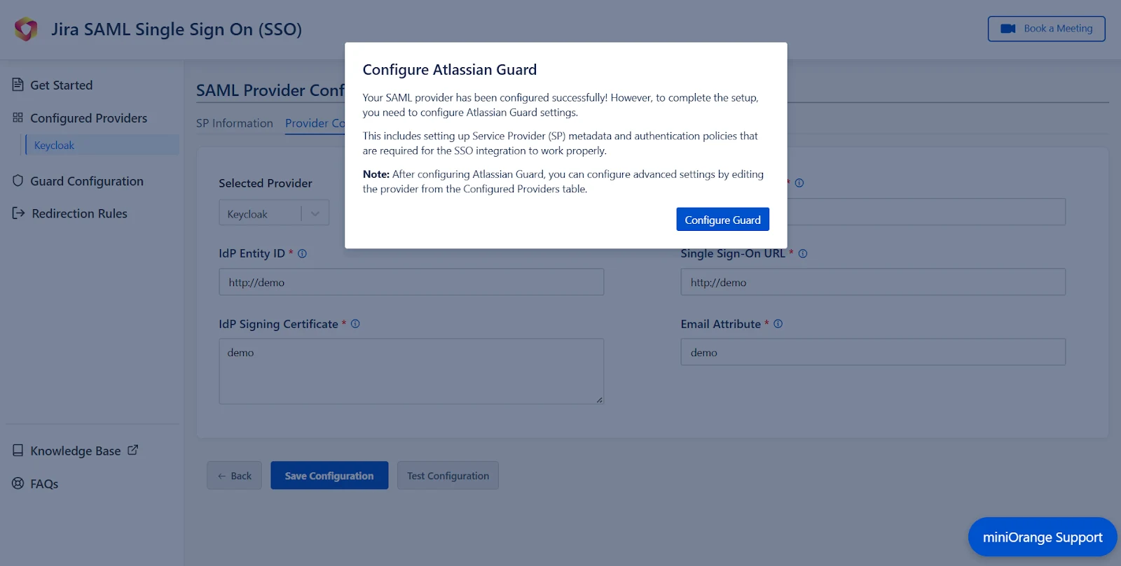 Pop-up notification asking to complete the Atlassian Guard configuration for Keycloak