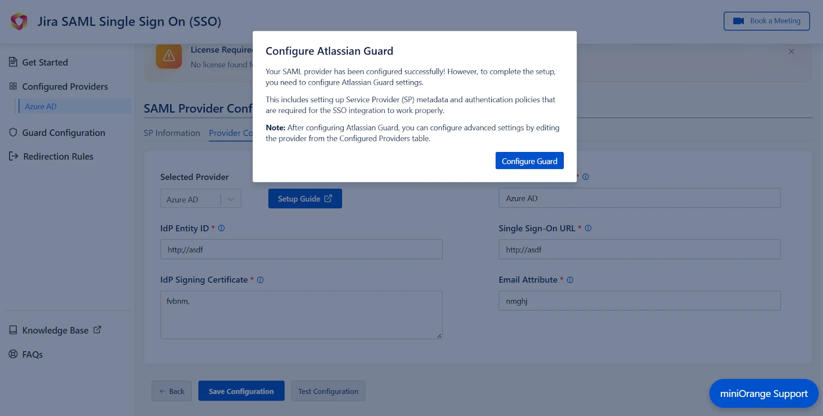Pop-up notification asking to complete the Atlassian Guard configuration