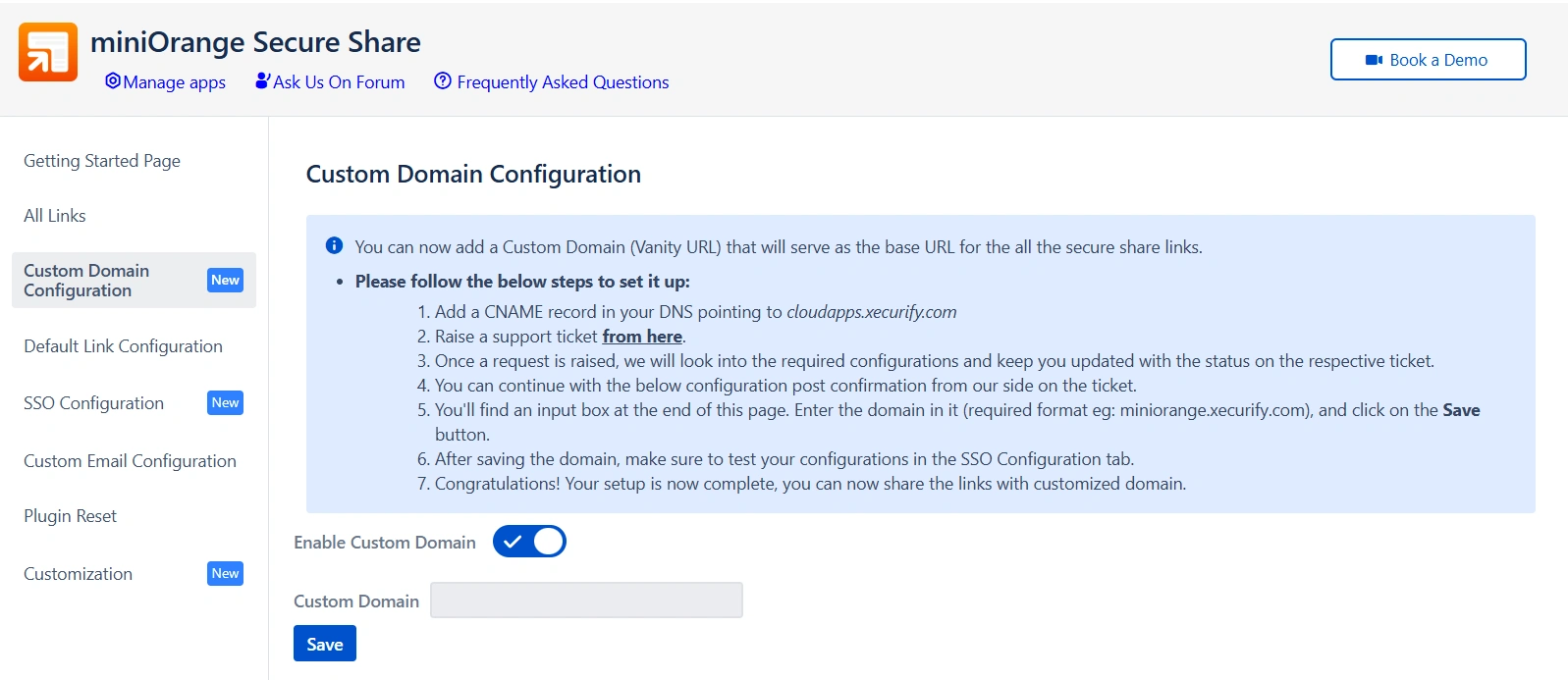 Secure share custom domain configuration