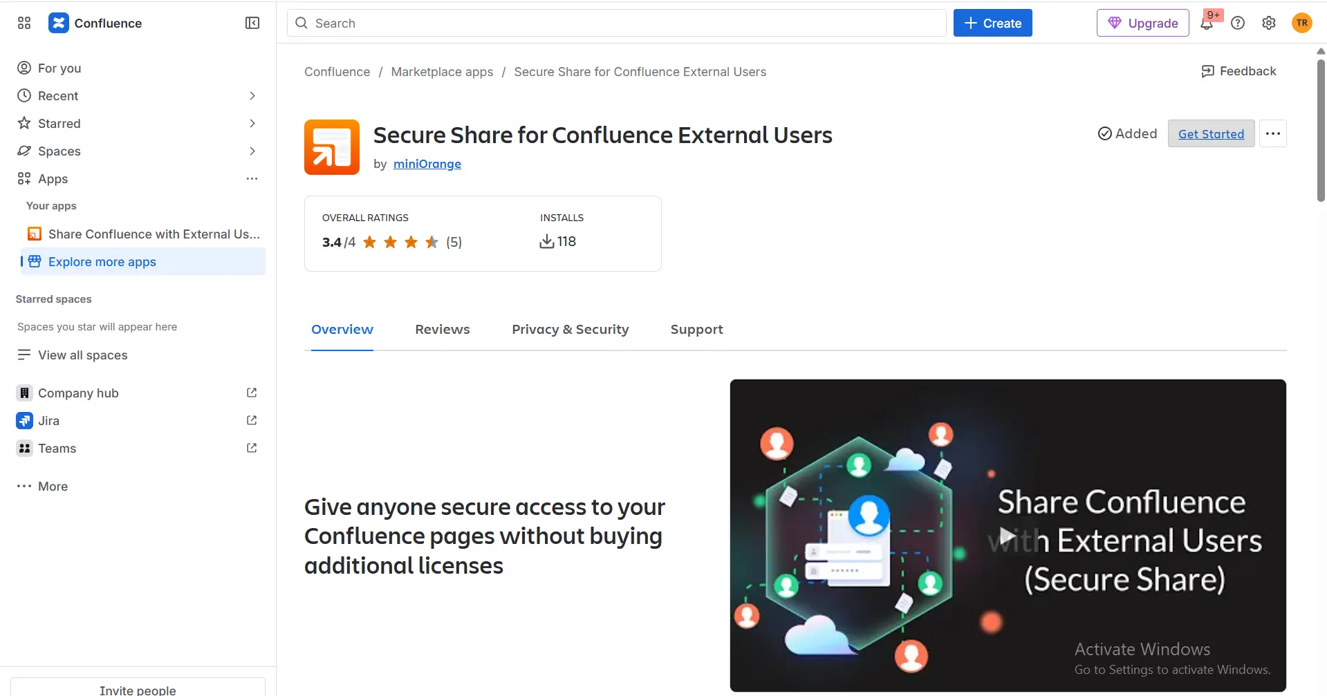 Share Page for Confluence, Manage apps menu