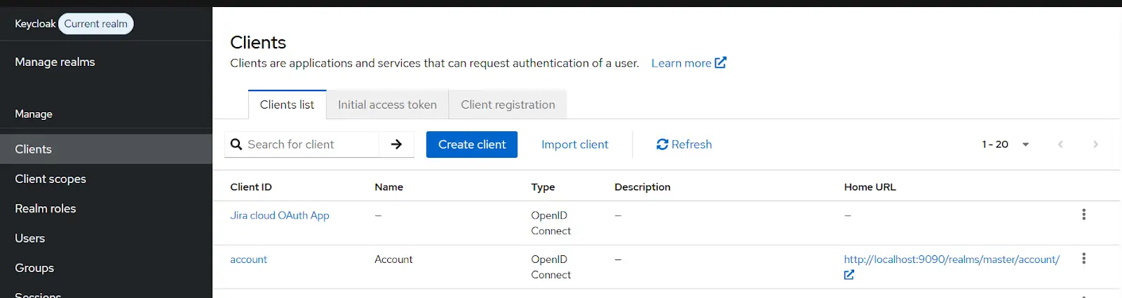 Keycloak client list with Create client button highlighted