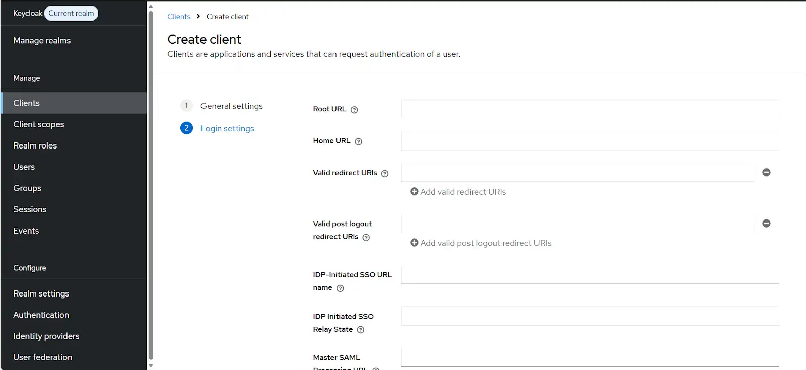 Login settings tab in the Keycloak create client page