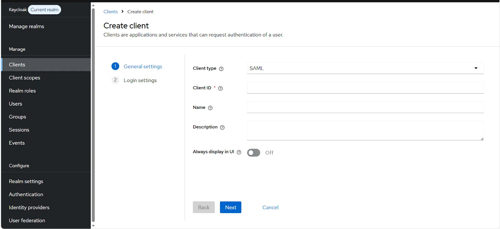 Keycloak create client page