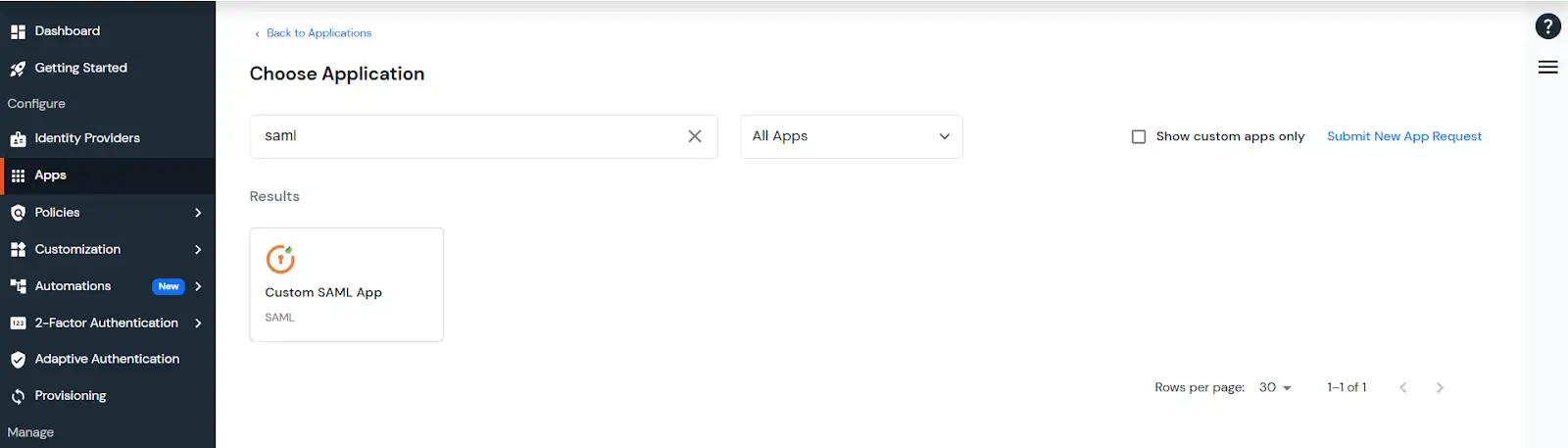 Choose application in miniOrange